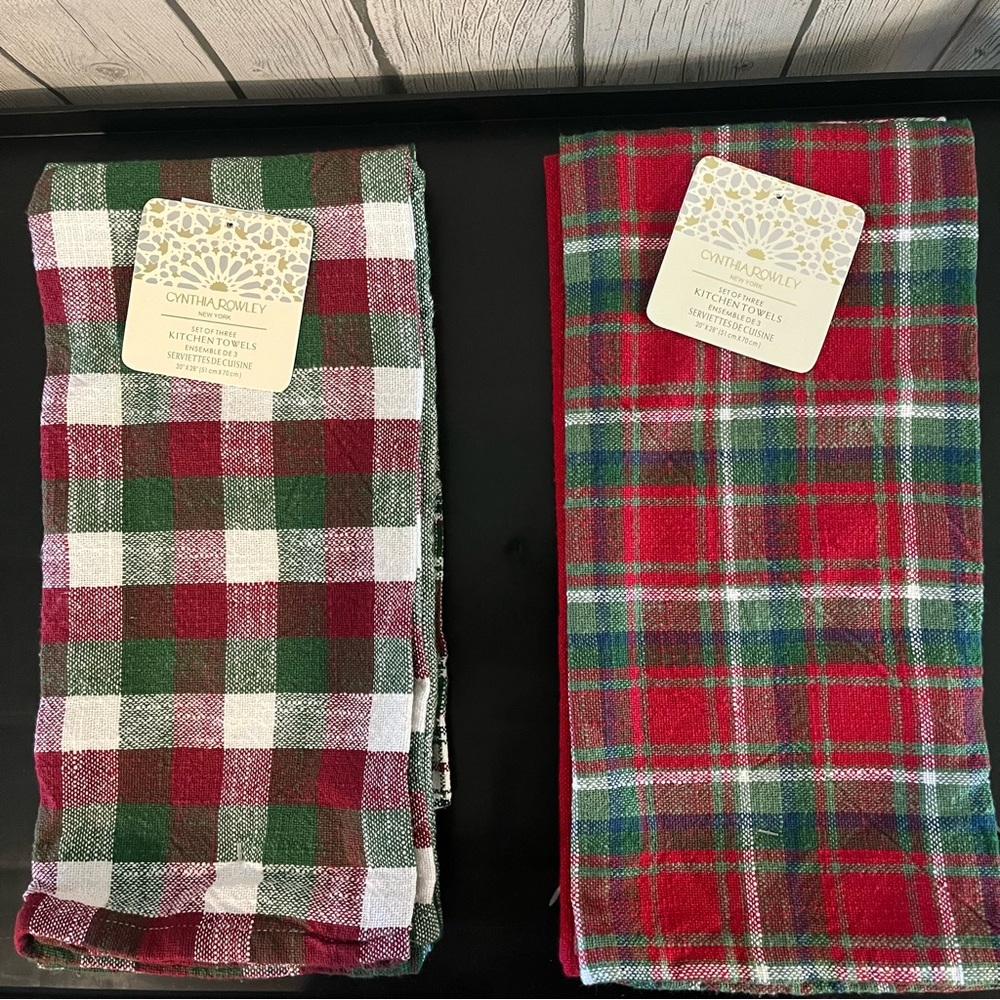 NWT Cynthia Rowley Holiday Festive Plaid Kitchen Towels TWO sets of 3 (6 Towel)